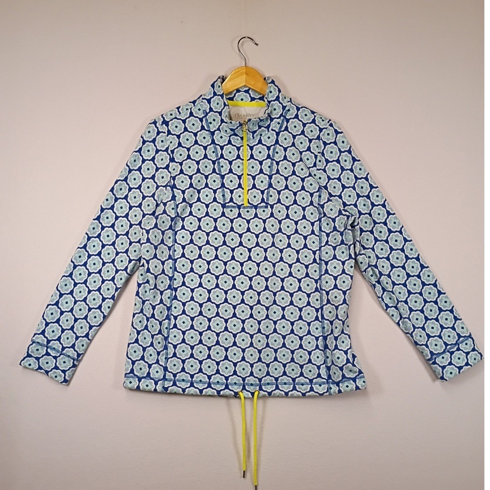 Preppy Floral Talbots Petites Womens Large LP Blue White 1/4 Zip Pullover Jacket